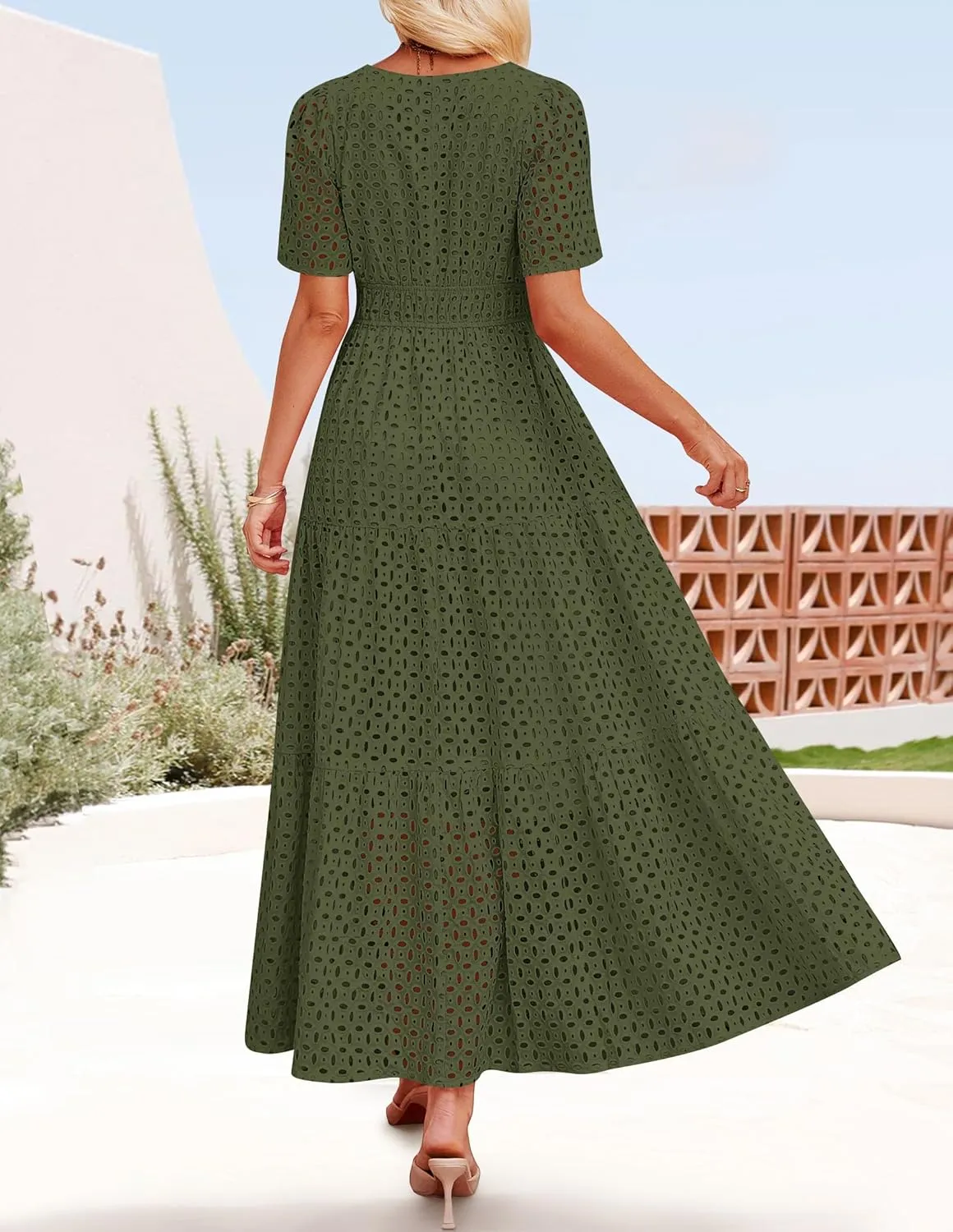 ZESICA Women's 2025 Summer Short Sleeve Maxi Dress Casual V Neck Hollow Out Eyelet Ruffle Swing A Line Long Dresses