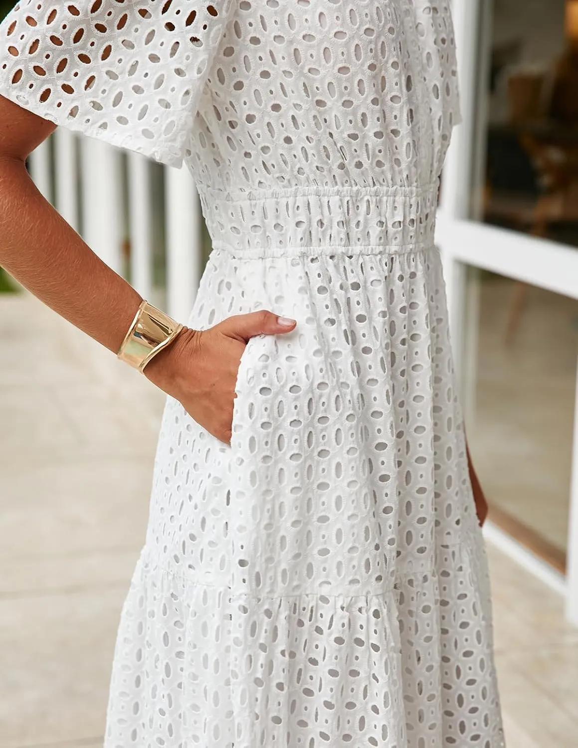 ZESICA Women's 2025 Summer Short Sleeve Maxi Dress Casual V Neck Hollow Out Eyelet Ruffle Swing A Line Long Dresses