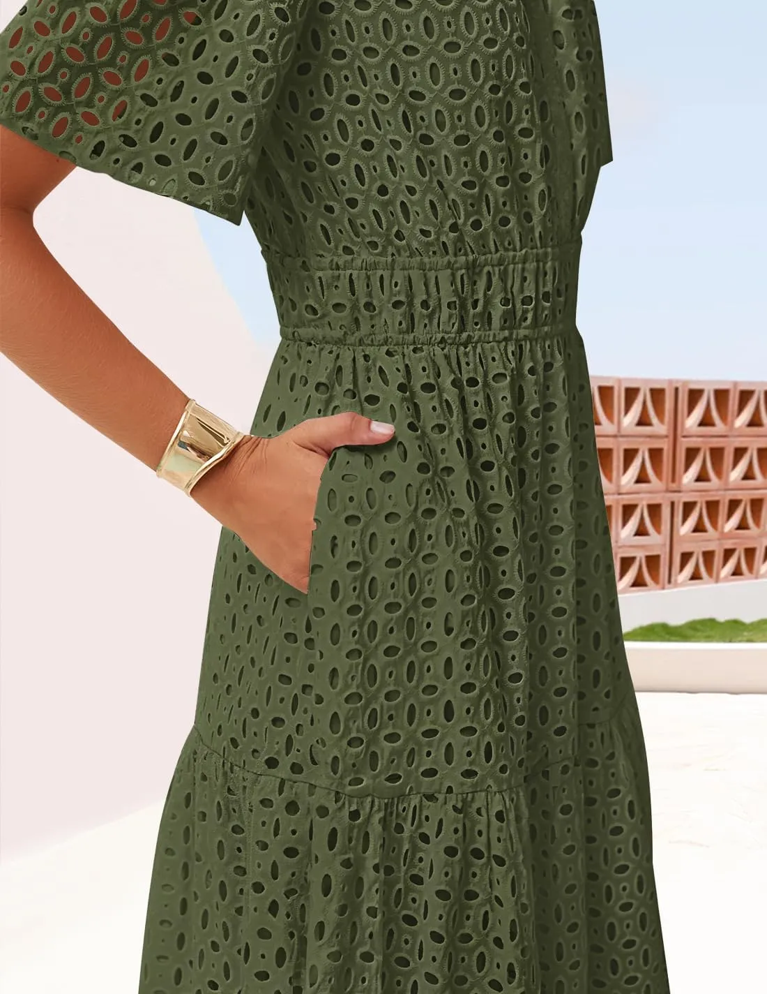 ZESICA Women's 2025 Summer Short Sleeve Maxi Dress Casual V Neck Hollow Out Eyelet Ruffle Swing A Line Long Dresses