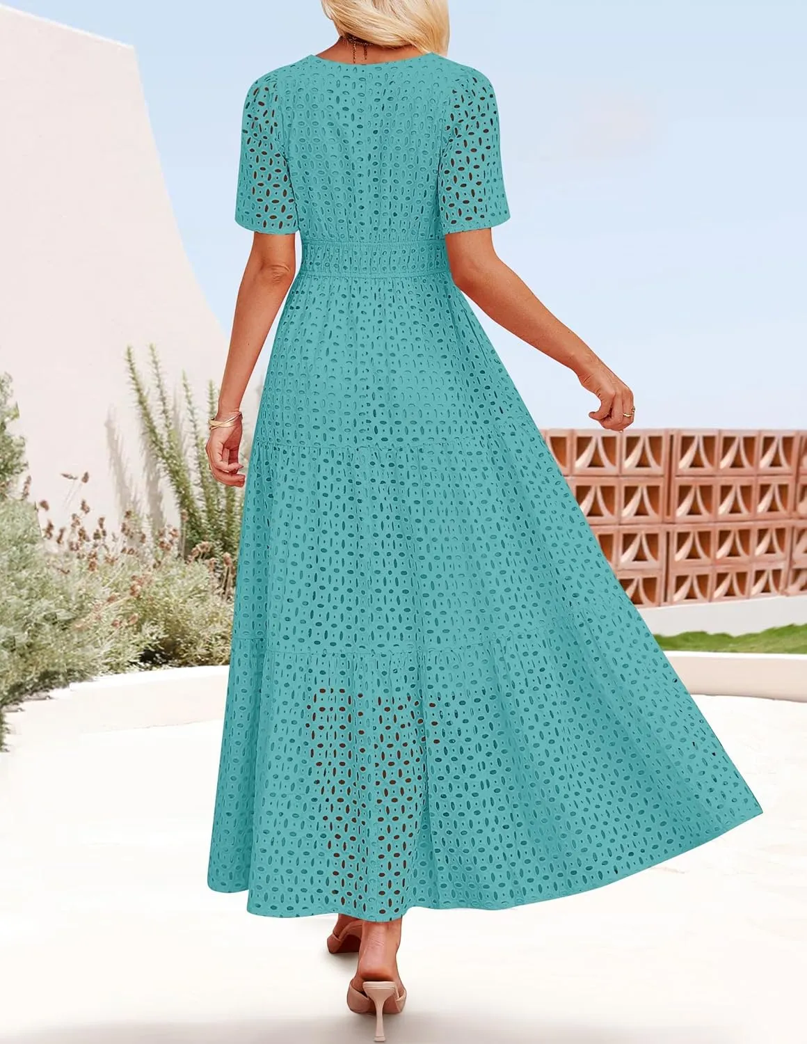 ZESICA Women's 2025 Summer Short Sleeve Maxi Dress Casual V Neck Hollow Out Eyelet Ruffle Swing A Line Long Dresses