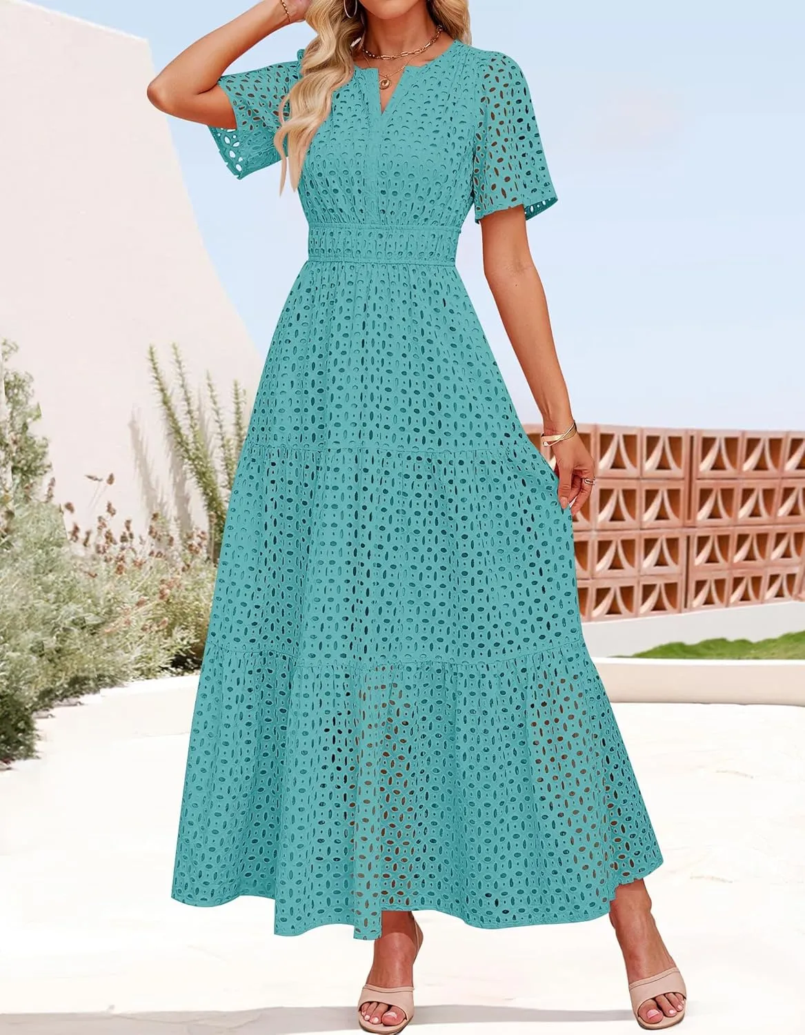 ZESICA Women's 2025 Summer Short Sleeve Maxi Dress Casual V Neck Hollow Out Eyelet Ruffle Swing A Line Long Dresses