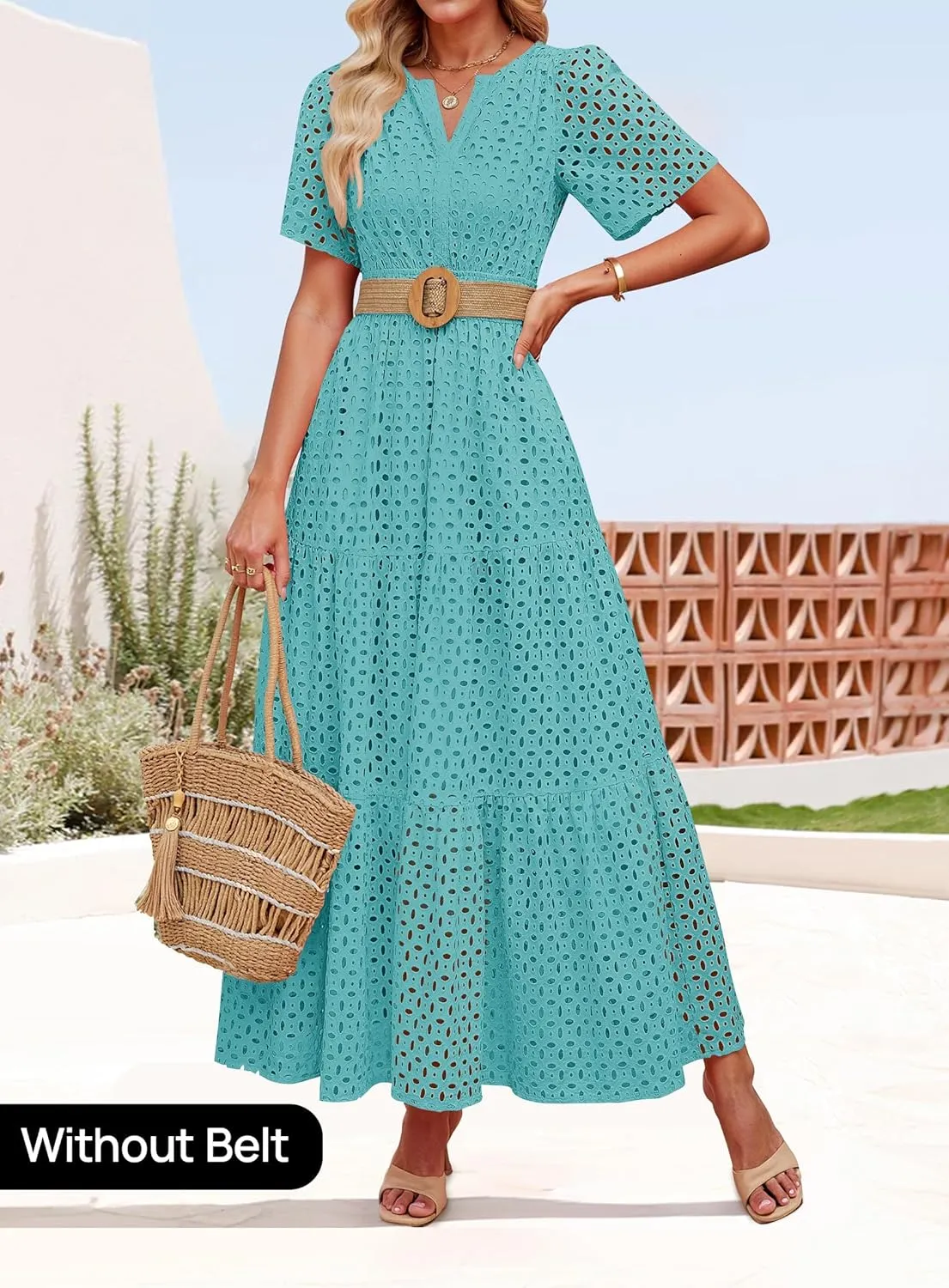 ZESICA Women's 2025 Summer Short Sleeve Maxi Dress Casual V Neck Hollow Out Eyelet Ruffle Swing A Line Long Dresses