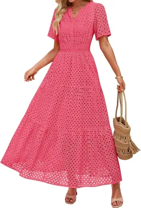 ZESICA Women's 2025 Summer Short Sleeve Maxi Dress Casual V Neck Hollow Out Eyelet Ruffle Swing A Line Long Dresses