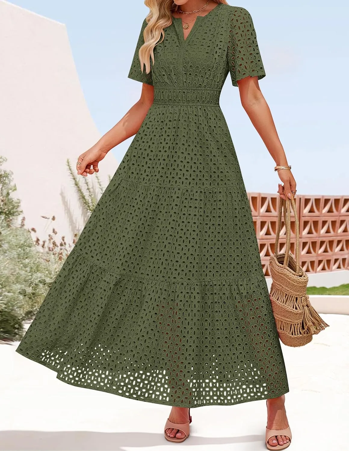 ZESICA Women's 2025 Summer Short Sleeve Maxi Dress Casual V Neck Hollow Out Eyelet Ruffle Swing A Line Long Dresses