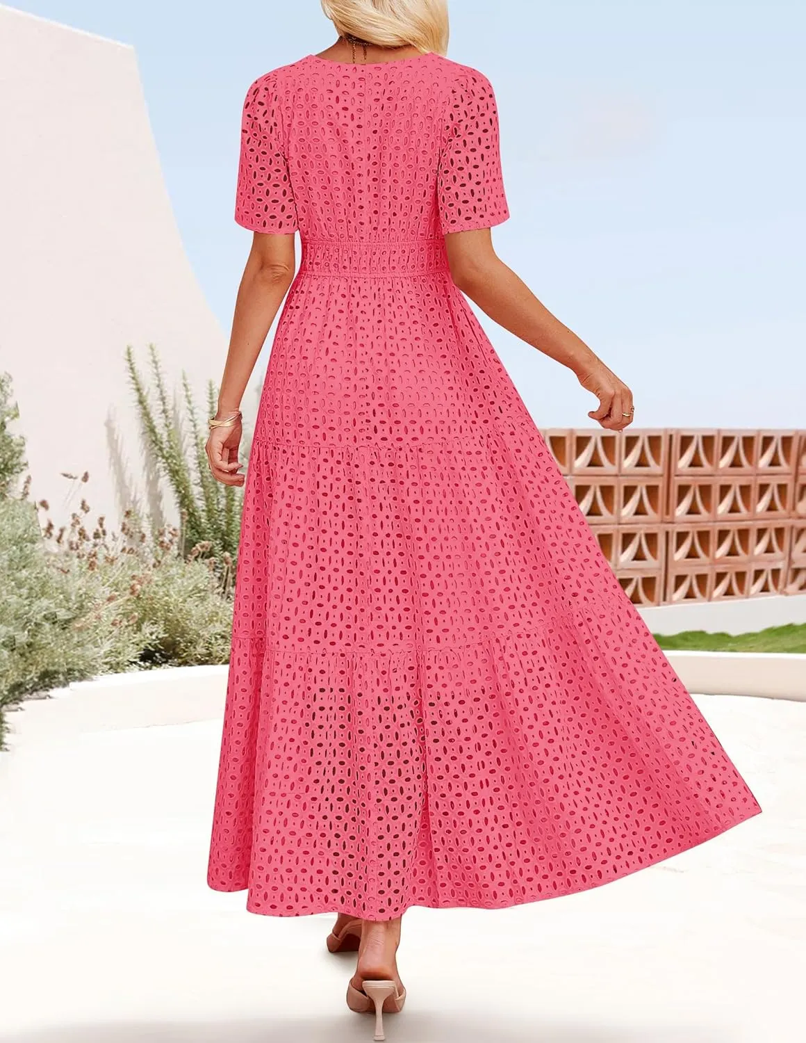 ZESICA Women's 2025 Summer Short Sleeve Maxi Dress Casual V Neck Hollow Out Eyelet Ruffle Swing A Line Long Dresses