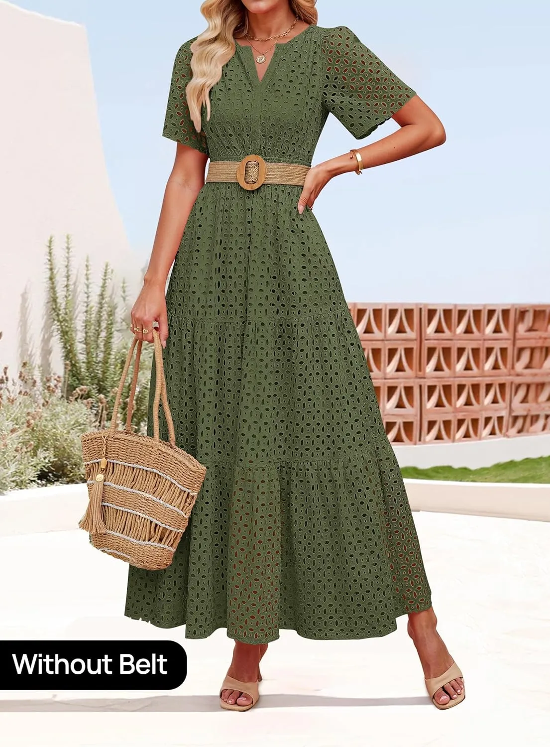 ZESICA Women's 2025 Summer Short Sleeve Maxi Dress Casual V Neck Hollow Out Eyelet Ruffle Swing A Line Long Dresses
