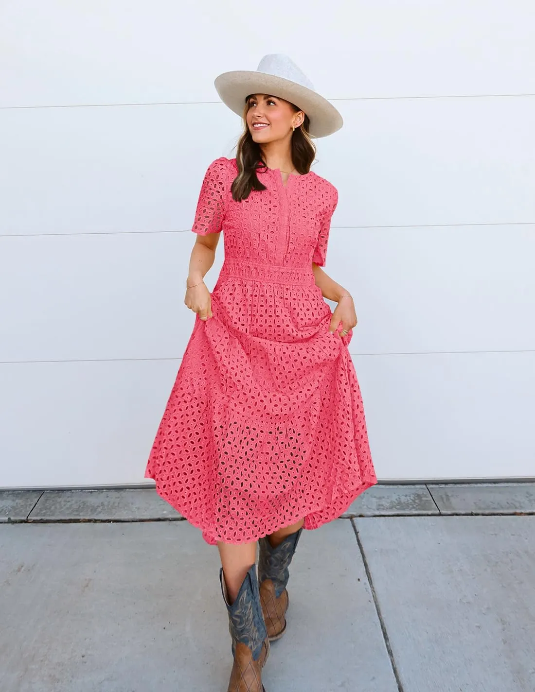 ZESICA Women's 2025 Summer Short Sleeve Maxi Dress Casual V Neck Hollow Out Eyelet Ruffle Swing A Line Long Dresses