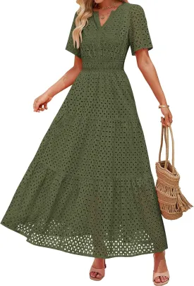 ZESICA Women's 2025 Summer Short Sleeve Maxi Dress Casual V Neck Hollow Out Eyelet Ruffle Swing A Line Long Dresses
