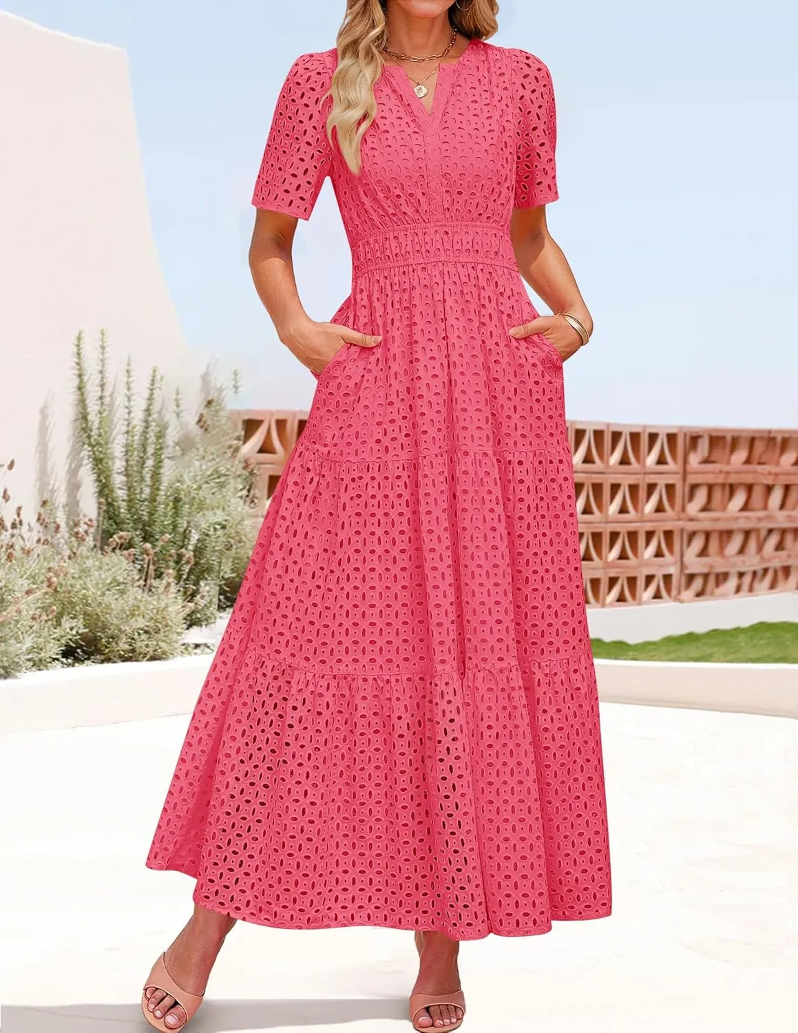 ZESICA Women's 2025 Summer Short Sleeve Maxi Dress Casual V Neck Hollow Out Eyelet Ruffle Swing A Line Long Dresses