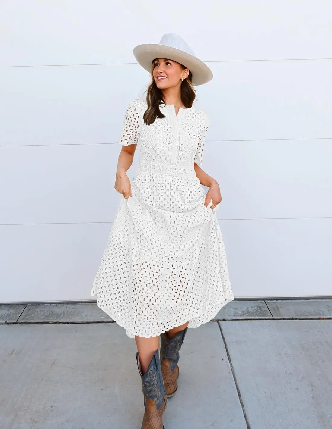 ZESICA Women's 2025 Summer Short Sleeve Maxi Dress Casual V Neck Hollow Out Eyelet Ruffle Swing A Line Long Dresses