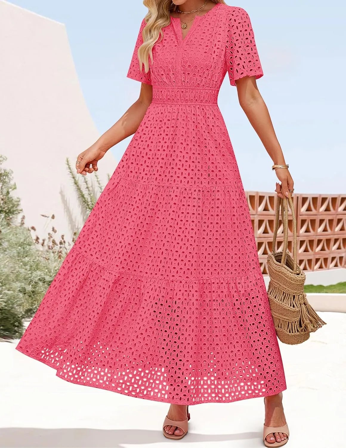 ZESICA Women's 2025 Summer Short Sleeve Maxi Dress Casual V Neck Hollow Out Eyelet Ruffle Swing A Line Long Dresses