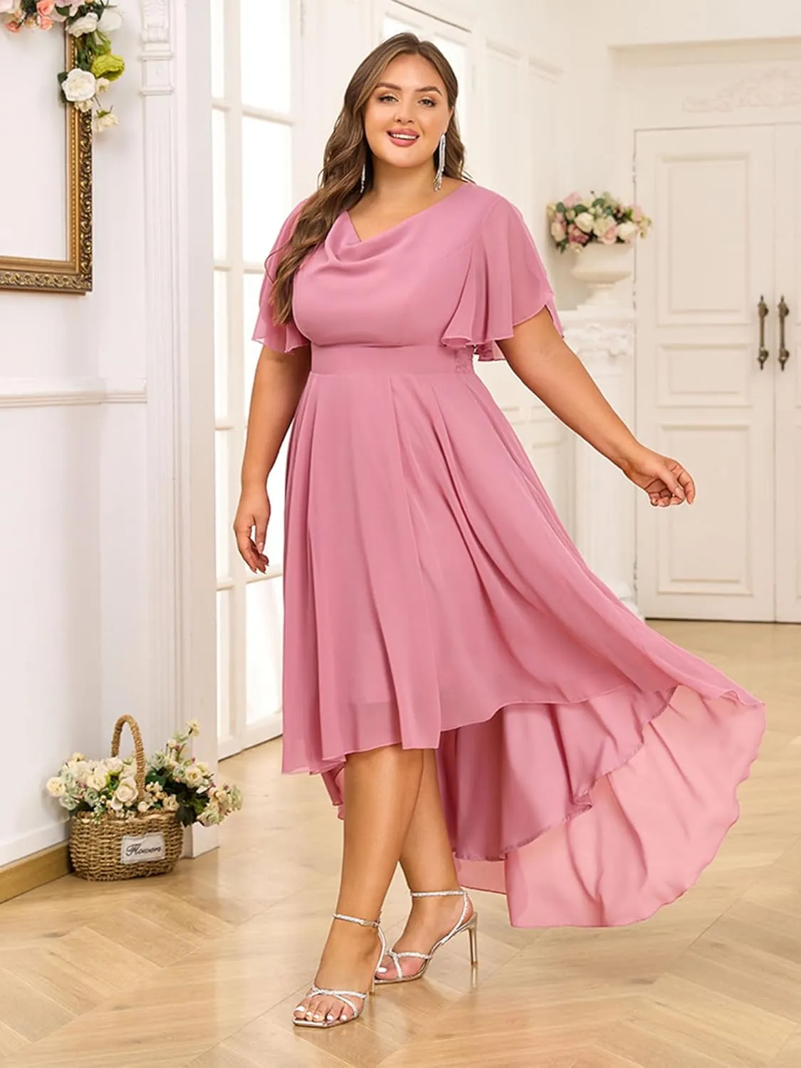 ZNU Plus Size Prom Dresses 2025 High Low Bridesmaid Dress Summer Wedding Guest Formal Cocktail Dress for Women