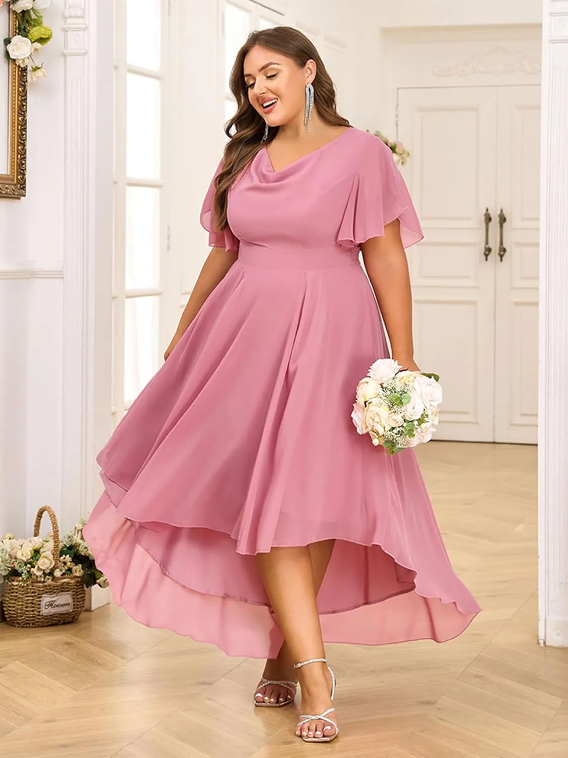 ZNU Plus Size Prom Dresses 2025 High Low Bridesmaid Dress Summer Wedding Guest Formal Cocktail Dress for Women