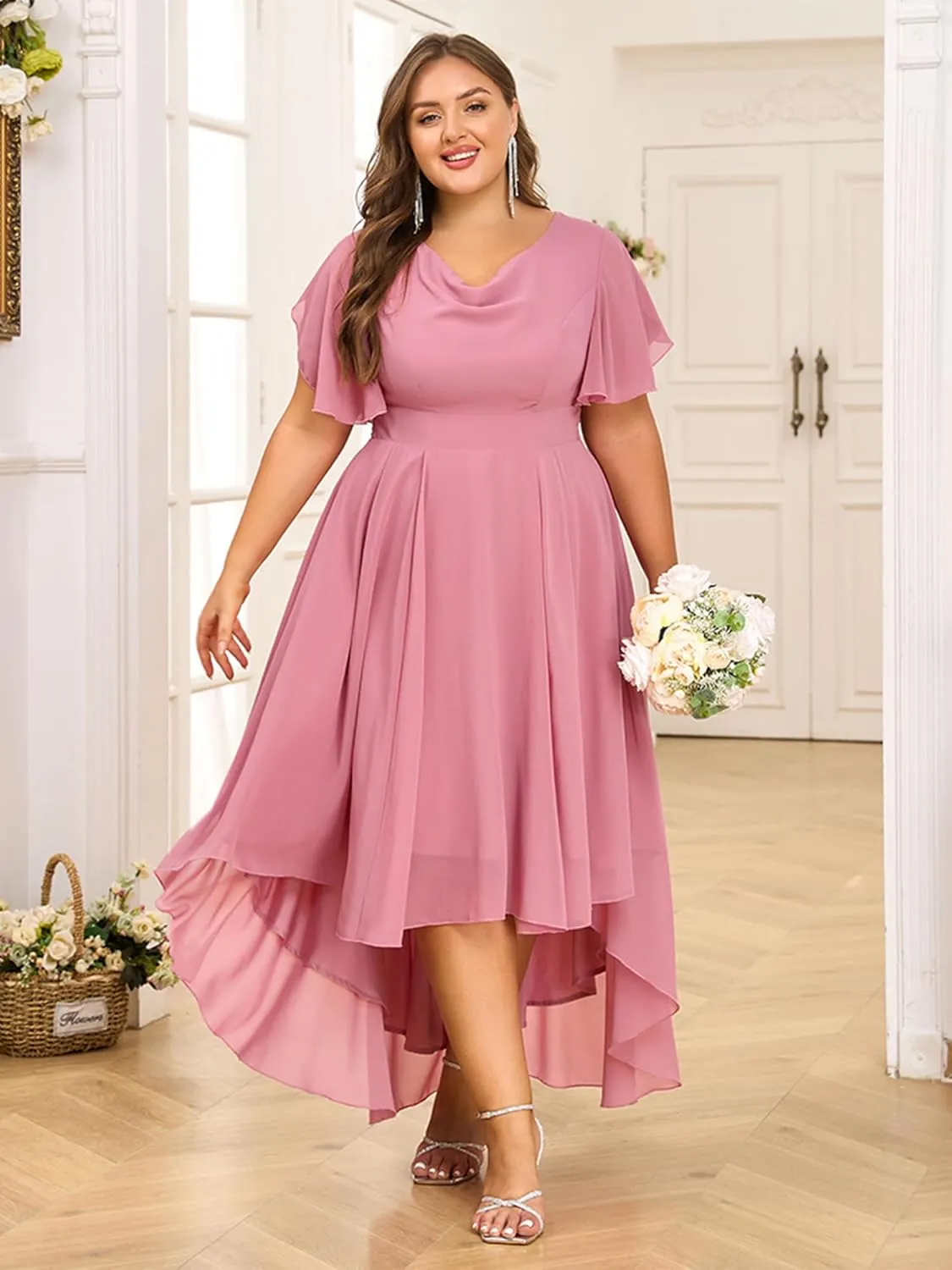 ZNU Plus Size Prom Dresses 2025 High Low Bridesmaid Dress Summer Wedding Guest Formal Cocktail Dress for Women